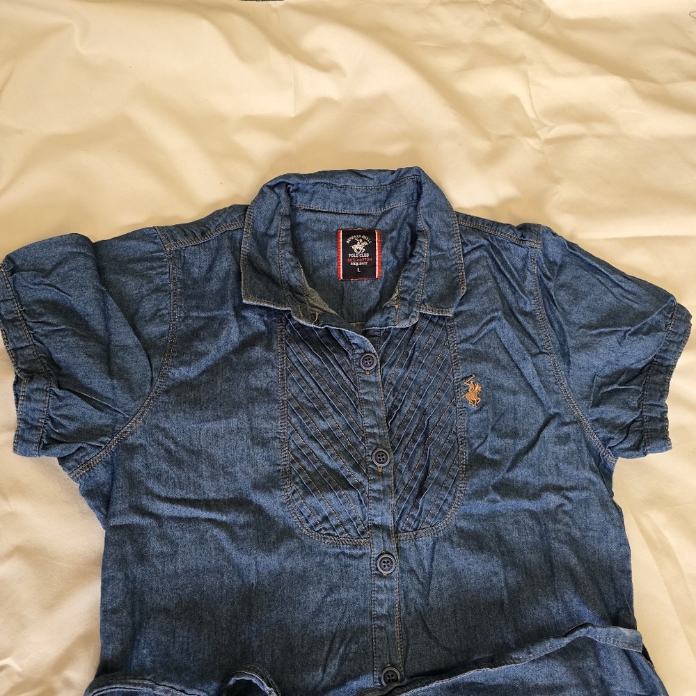 Beverly Hills Polo Club 100%cotton Blue Regular Fit Large Button Up Short Sleeve - Picture 6 of 11